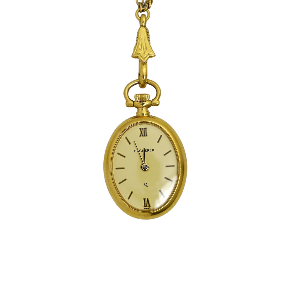 Bucherer Flower Enameled Vintage Necklace Pendent Watch Ladies Gold Plated Swiss